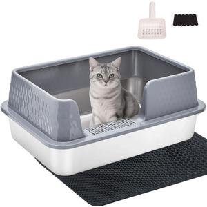 Stainless Steel Litter Box with Lid Cover Mats Scooper, Kitten Litter Box Low Entry, Suitable for Small Space Senior Cats, Side Entry, Grey Enclosure (Medium)