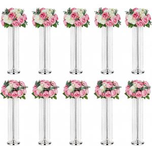 Set of 10 Metal Flower Stands for Centerpieces - 35.4inch Tall Wedding Centerpieces for Tables, Luxury Acrylic Crystal Flower Vases for Parties Wedding Birthday Christmas Home DecorSilver,10pcs