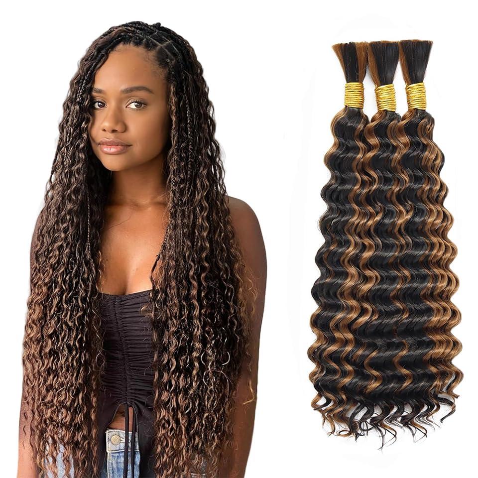 32 32 32 Inch P430 Highlight Human Boho Braiding Hair Deep Curly #4 Braiding Hair Deep Wave Bulk Brown Hair for Braiding Exrensions