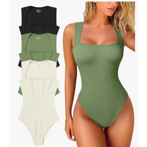 OQQ Women's 3 Piece Bodysuits Sexy Ribbed Strappy Square Neck Sleeveless Tummy Control Tank Tops Bodysuits M
