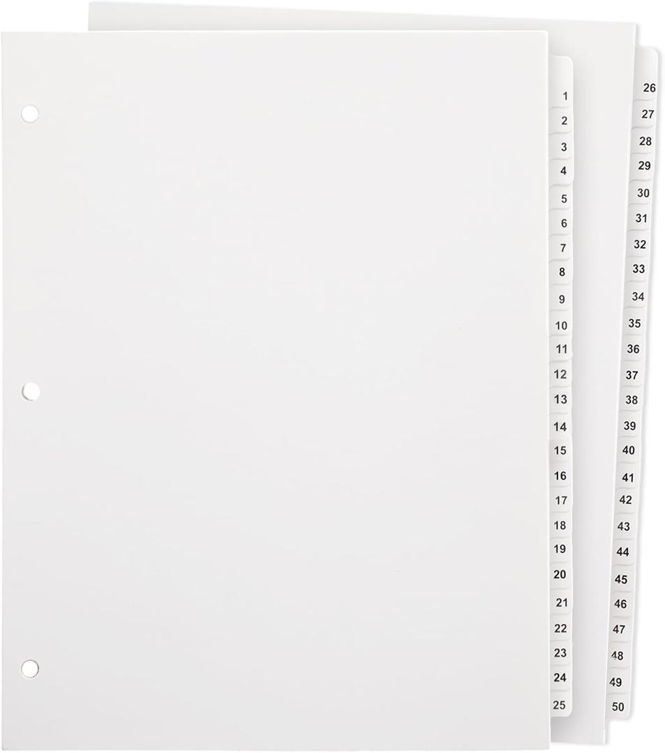 Yeaqee Numbered Tabs for 3 Ring Binders, Letter Size Numbered Dividers 3 Hole Punched White Binder Index for File Notebook 8.5 x 11 Inch(51)