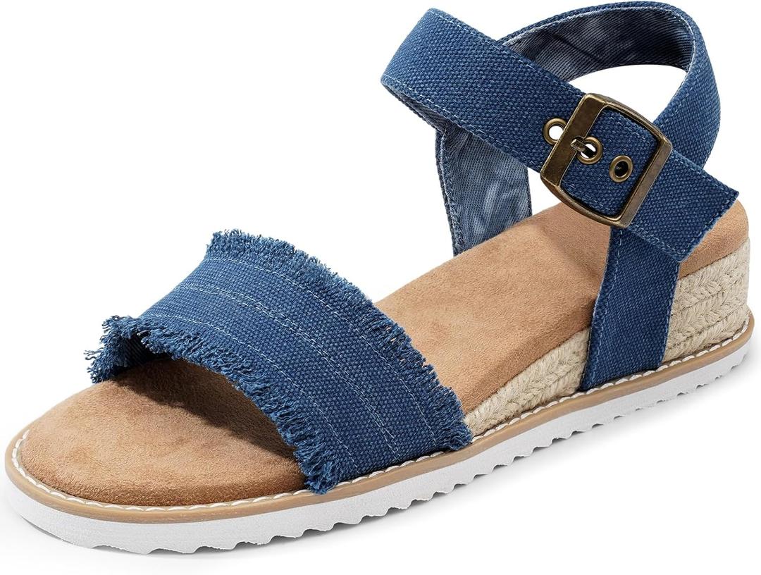 Dodow Womens Espadrilles Wedge Sandals Closed Toe Mid Heel Ankle Strap Dress Sandals (9, Blue)