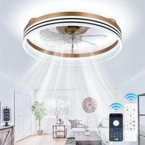 Ceiling Fans with Lights and Remote 20" Dimmable Fandelier LED Fan Light Modern Ceiling Fan, Low Profile Flush Mount Ceiling Fan Lights for Bedroom Kitchen and Living Room (Gold)