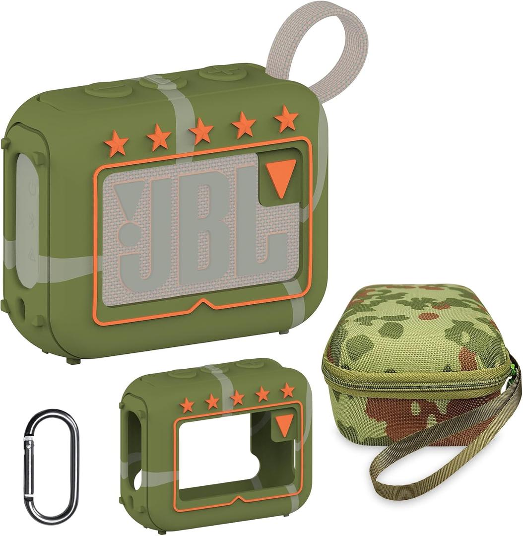 JCHPINE Silicone Cover and Hard Travel Case for JBL Go 4 Ultra Portable Bluetooth Speaker, Accessories for JBL Go 4 Pro Sound Bluetooth Speaker Stand Up Holder (Squad Case)