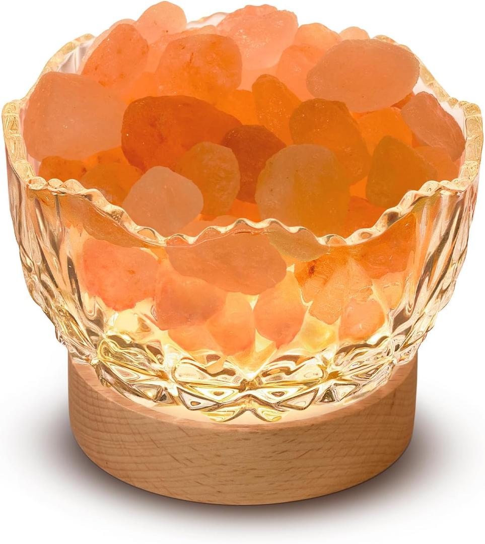 Himalayan Salt Lamp, Pink, Wooden Base, 10 Levels of Light Intensity Adjustment, USB Plug