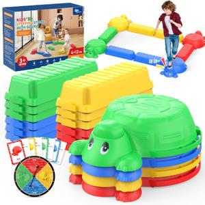 16 Pcs Balance Beam and Stepping Stones for Kids - 4 Turtle Shape Stepping Stones and 12 Connectable Beams with Sound Feature,Color Spinner, Riddle Cards, Fun Balance Training and Obstacle Course