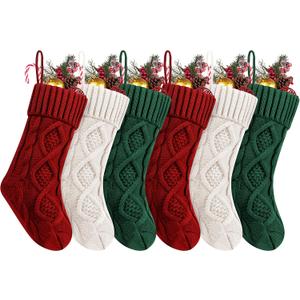 Fesciory Christmas Stockings, 6 Pack 14" Large Knit Stocking & Decor for Family Holiday Xmas Party Gift, Burgundy&Ivory&Green