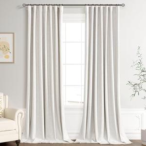 Joywell 100% Blackout Linen Curtains 102 Inch for Bedroom High Ceiling 2 Panel Set Black Out Curtain Back Tab Thermal Insulated Drapes for Living Room Large Window 52 x 102, Beige White