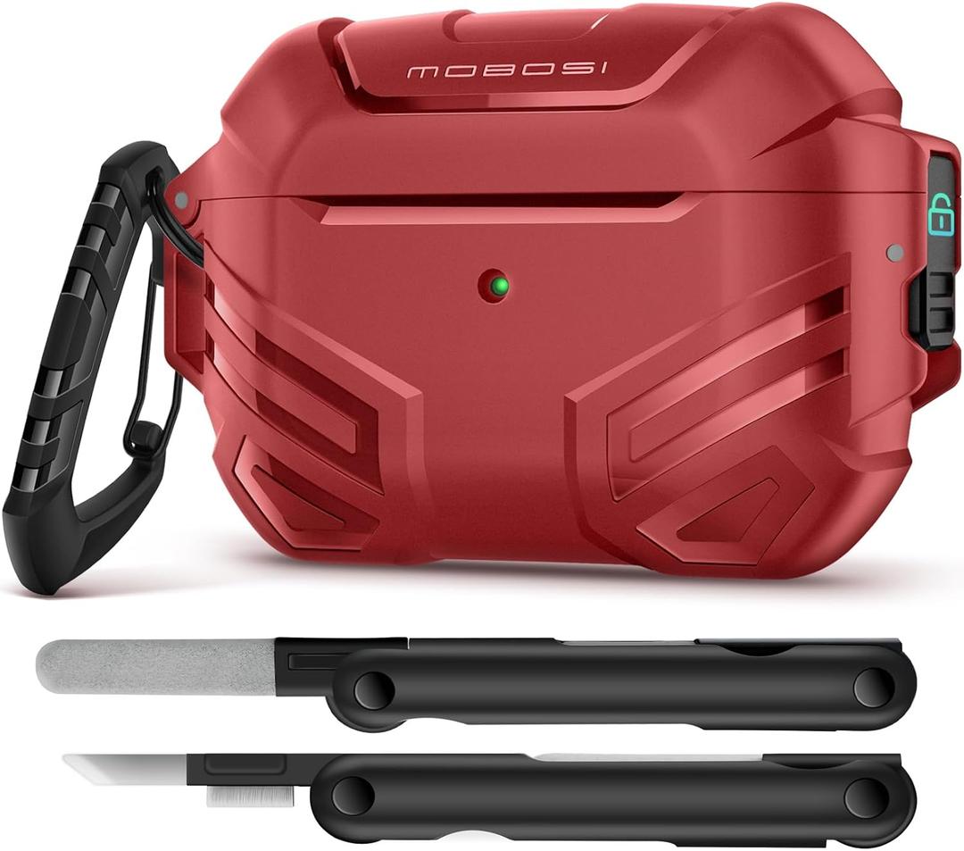 MOBOSI for AirPods Pro 2 Case with Lock, Compatible with AirPod 2nd Gen Cover [Fit for MagSafe], Military Grade Hard Shell for iPods Pro2 with Cleaner Kit & Keychain for Men(2023), Red