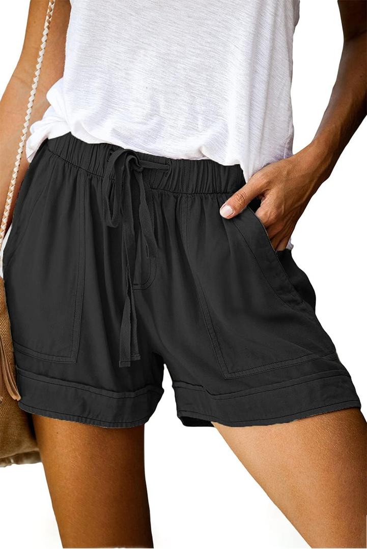Mosucoirl Women Comfy Drawstring Casual Elastic Waist Pure Color Shorts Summer Beach Lightweight Short Pants with Pockets (XX-Large, 1 Black)