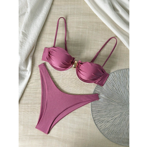 Swim Basics Solid Color Spaghetti Strap Underwire Top And Triangle Bottoms Ladies Summer Swimwear Set Pink Winter L