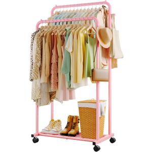 Clothes Rack - Double Rods Clothing Rack with Mesh Shelf, Hooks & Wheels, Metal Clothing Racks for Hanging Clothes & Bags, Multifunctional Garment Rack for Laundry, Pink, 28.7" x 16.5" x 59.1"