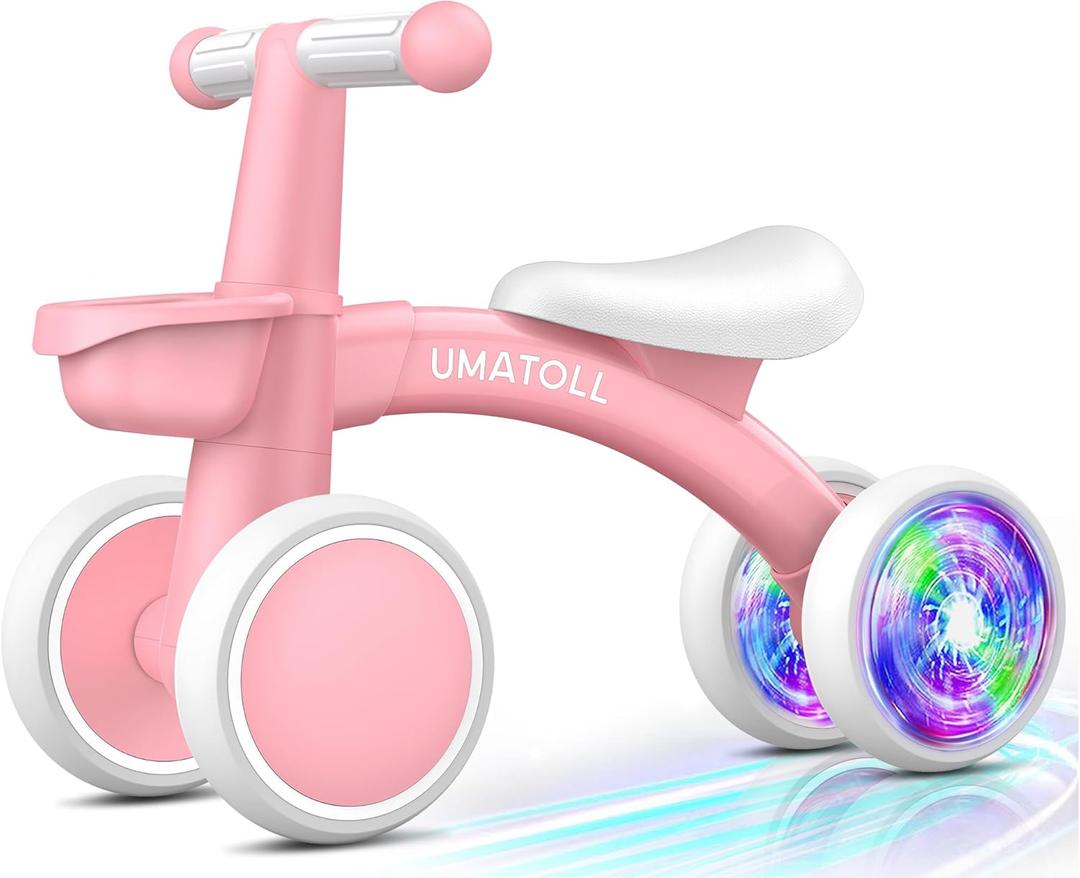 Umatoll Colorful Lighting Baby Balance Bike Toys for 1 Year Old Girl Gifts, Adjustable Seat, First Birthday Gifts, 12-24 Months Toddler Bike, New Pink