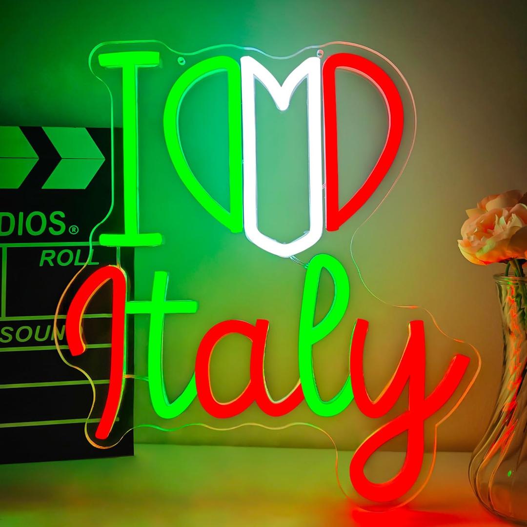 Italy Neon Sign for Wall Decor Dimmable Led Italian Themed Party Decorations, Italian Light Up Sign for Home I Love Italy Birthday Decoration for Gifts