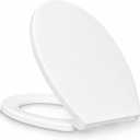 KHE Elongated Toilet Seat 18.5 Inch, Soft Close Toilet Seat with No-Touch Handle, Quick Release for Easy Cleaning, Non-Slip Bumpers, Durable PP, White