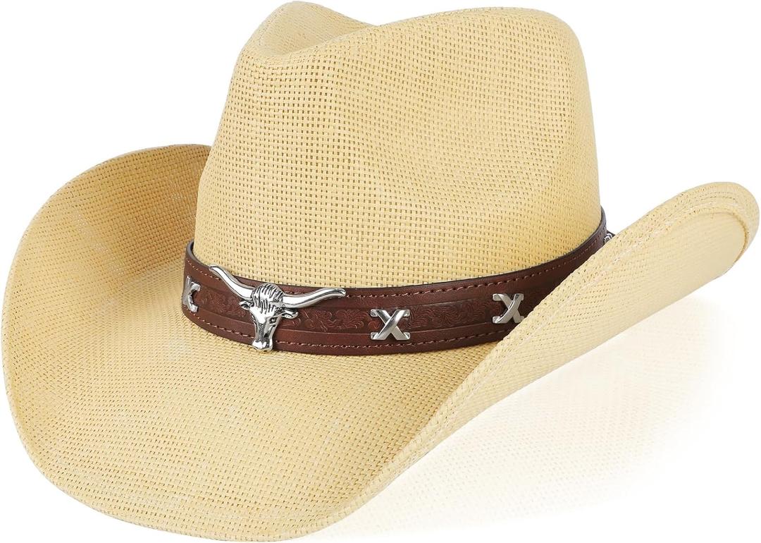 Cowboy Hat,Cowgirl Hat,Western Cowboy Hats for Women/Mens/Straw Wide with Shapeable Brim Cowboy Hat for Womens (One Size, Beige)