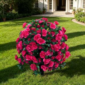 Artificial Flowers for Outdoor with Ground Stakes, 22" Faux Azalea Silk Floral Topiary Ball Bushes Shrubs for Garden Yard Patio Home Decor, UV Resistant (Hot Pink)