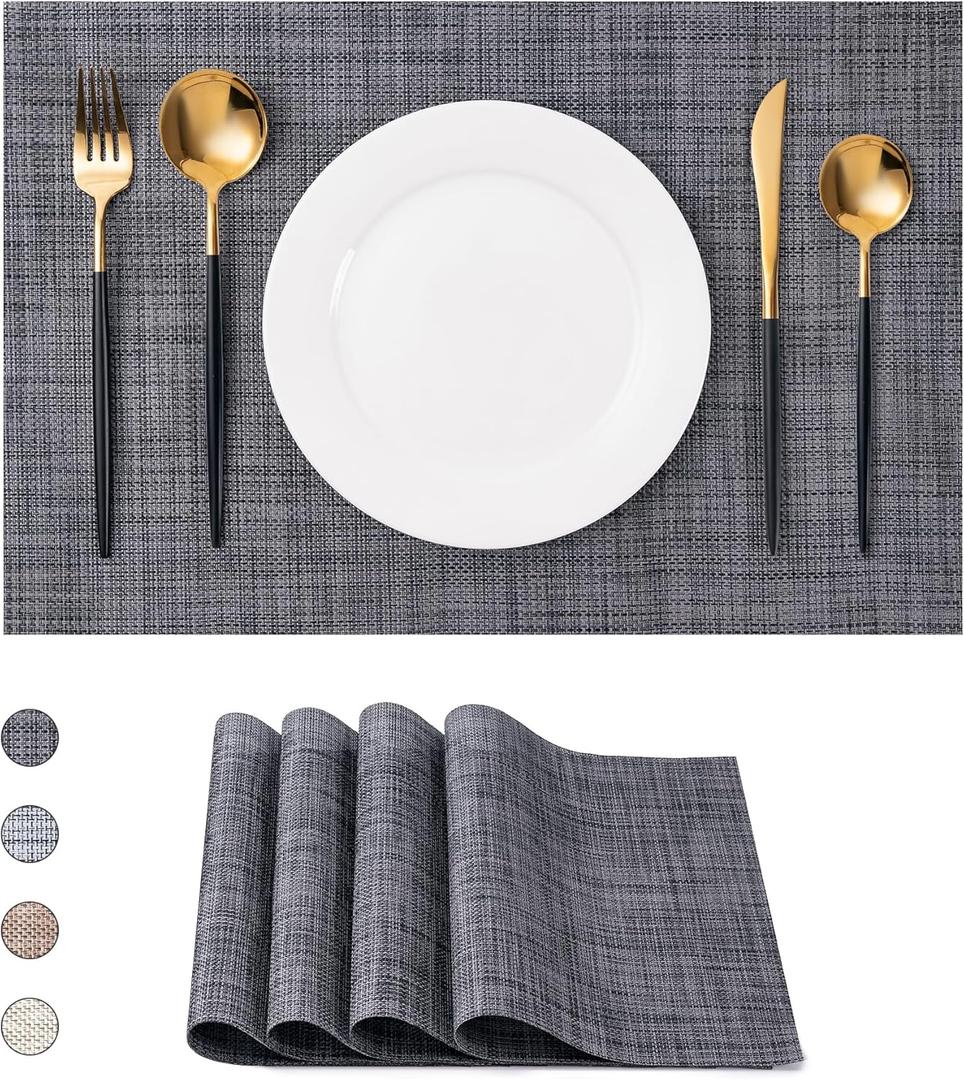 CADONO Placemats Set of 4 Washable Indoor/Outdoor Vinyl Place Mats for Dining Table Durable Non-Slip Heat Resistant PVC Weave Table MatsBlack