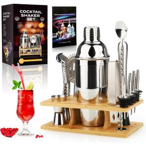 25 oz Cocktail Shaker Set 16 Pcs Mixology Bartender Kit with Stand - Professional Stainless Steel Bartending Kit - Perfect Home Bar Tool Gift Set for Drink Mixing (Silver) (8.65 x 4.85 x 2.68 inches)