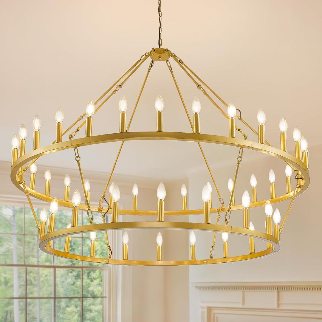 57" Gold Chandelier, 2 Tier 48-Light Farmhouse Wagon Wheel Chandelier, Industrial Foyer Lighting Fixtures, Large Entryway Chandeliers for High Ceilings, Modern Chandelier for Living Room, Staircase