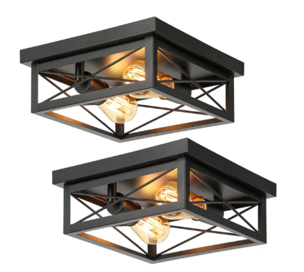 2-Light Industrial Square Flush Mount Ceiling Light, Farmhouse Ceiling Light Fixture for Kitchen, Modern Black Close to Ceiling Light for Hallway Bedroom Balcony Porch Stairway, E26, 2-Pack