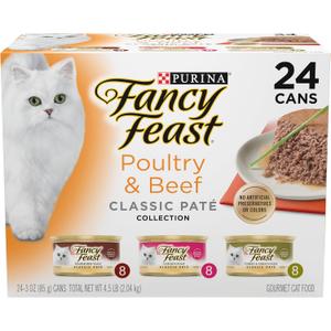 Fancy Feast Poultry and Beef Feast Classic Pate Collection Grain Free Wet Cat Food Variety Pack - (Pack of 24) 3 oz. Cans (EXP 07/01/27)