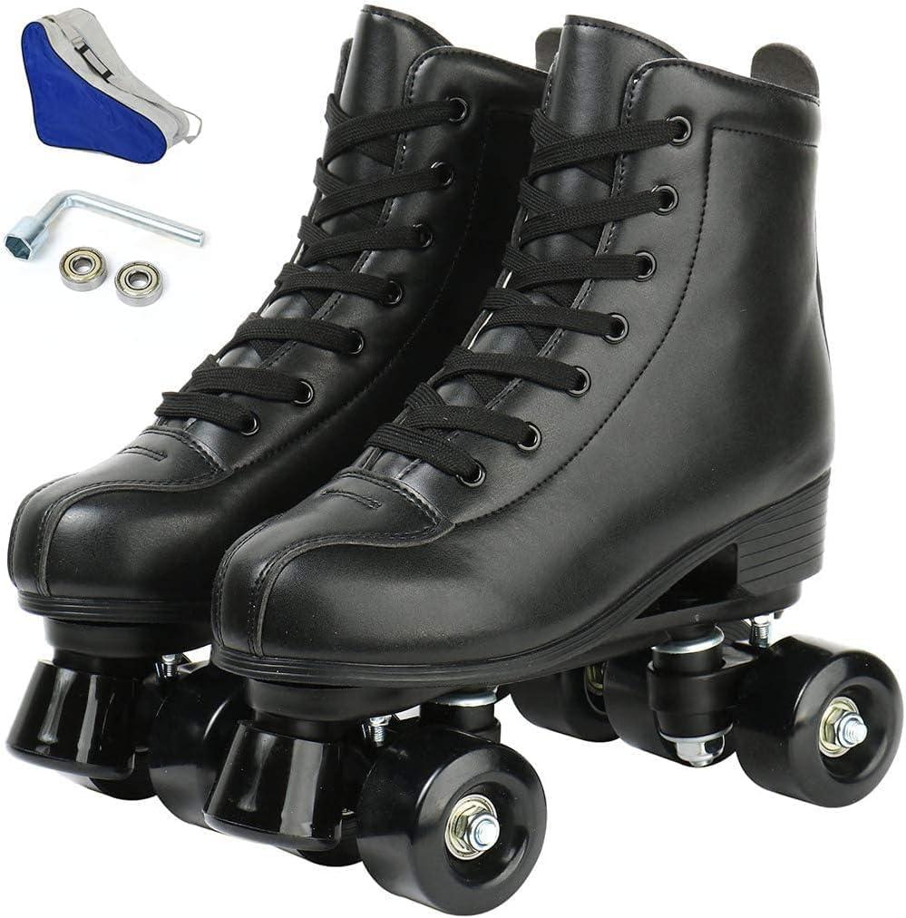 Jessie PU Leather Skates - Adjustable Four-Wheel Premium Roller Skates for Women, Men, Boys & Girls (Black, Women's 13/Men's 11)