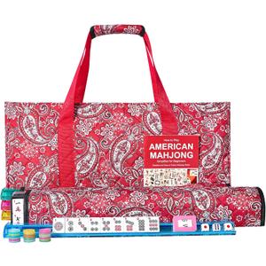 American Mahjong Game Set, 166 White Tiles, 4 All-in-One Color Rack/Pushers, Complete Mahjong Tile Set Red Printed Carrying Bag