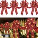Enhon 4 Pack Lighted Christmas Ribbon and Bows Fence Decoration, 13 ft Long 20 x 11'' Large Christmas Bows Garland with 8 Modes and Timing for Eave Stair Outdoor Decor (Red Plaid)