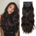 22 Inch Dark Brown Clip-In Hair Extensions, 4Pcs Synthetic Wavy Hairpieces, Heat Resistant Fiber, Thick & Soft Full Head Add Volume and Length for Women & Girls (6A Dark Brown)