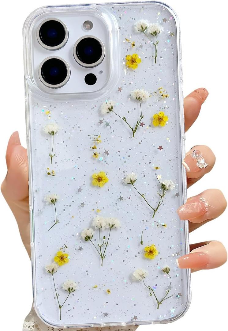 for iPhone 16 Pro Max Clear Case with Pressed Real Flowers Design,Glitter Cute Yellow Floral Pattern Slim Soft TPU Protective Women Girl's Phone Cover for iPhone 16 Pro Max