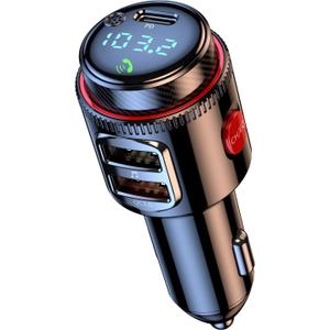 LIHAN Bluetooth 5.4 Car Adapter, Wireless AUX FM Transmitter, USB C&QC3.0 Dual Fast Charging, Cigarette Lighter Radio Music, Supports Hands-Free Siri Google Assistant & USB Drive, HiFi Bass Sound