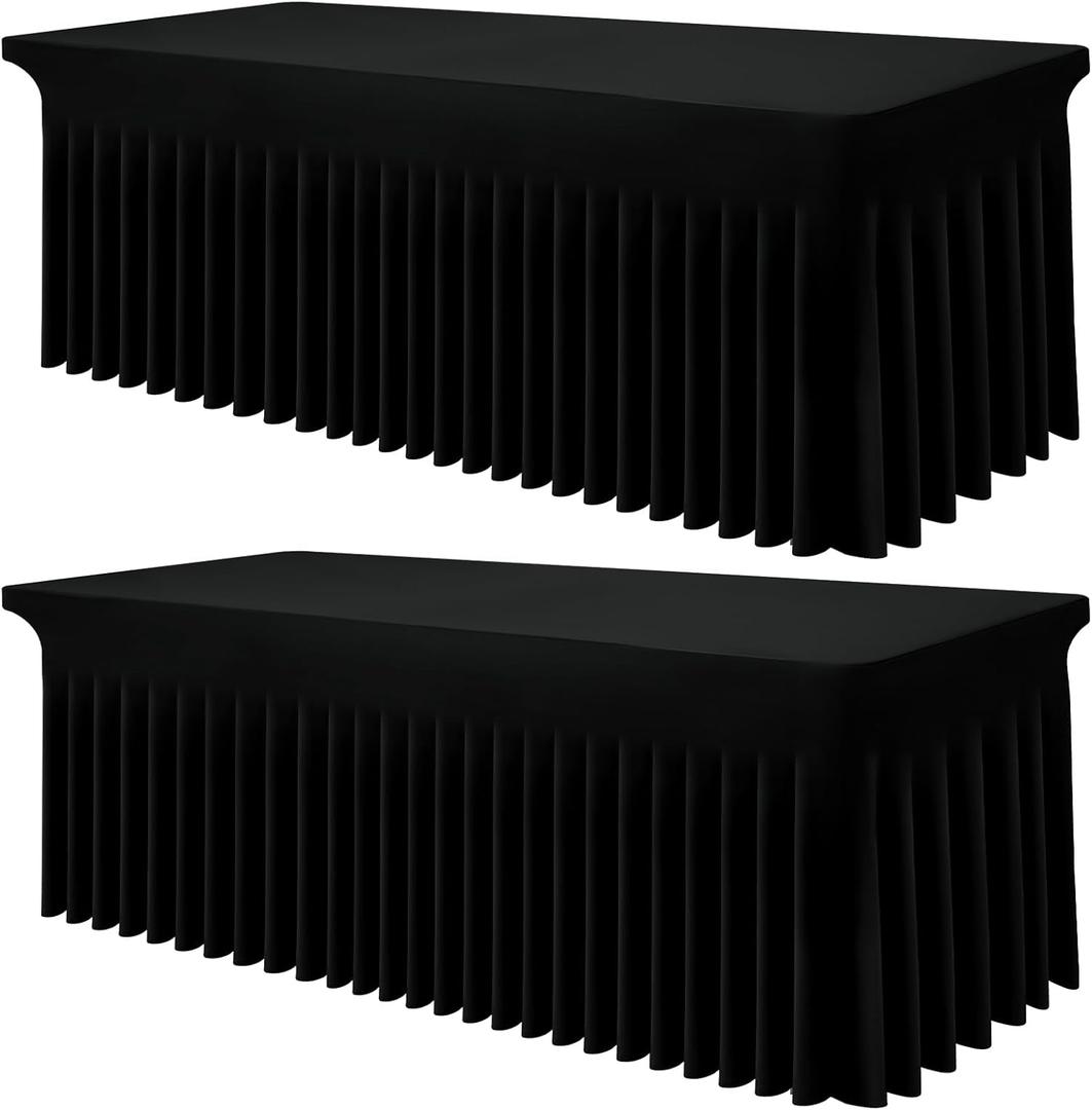 Smiry Spandex Tablecloth 2 Pack, Elastic Fitted Stretch Tablecloth for 8FT Rectangle Tables, Waterproof Washable Table Cover Skirt for Outdoor, Wedding, Banquet & Parties (Black, 96Lx30Wx30H Inch)