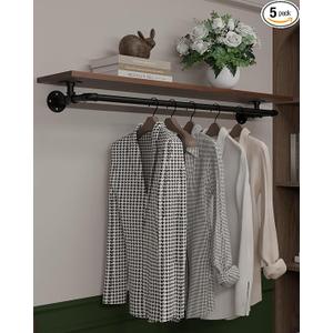 TEDIDUWA Clothes Rack 48in, Wall Mounted Garment Rack with Solid Walnut Wood Shelf, Heavy Duty Hanging Clothes Rack, Multi-Purpose Hanging Rod, Space-Saving Closet Storage