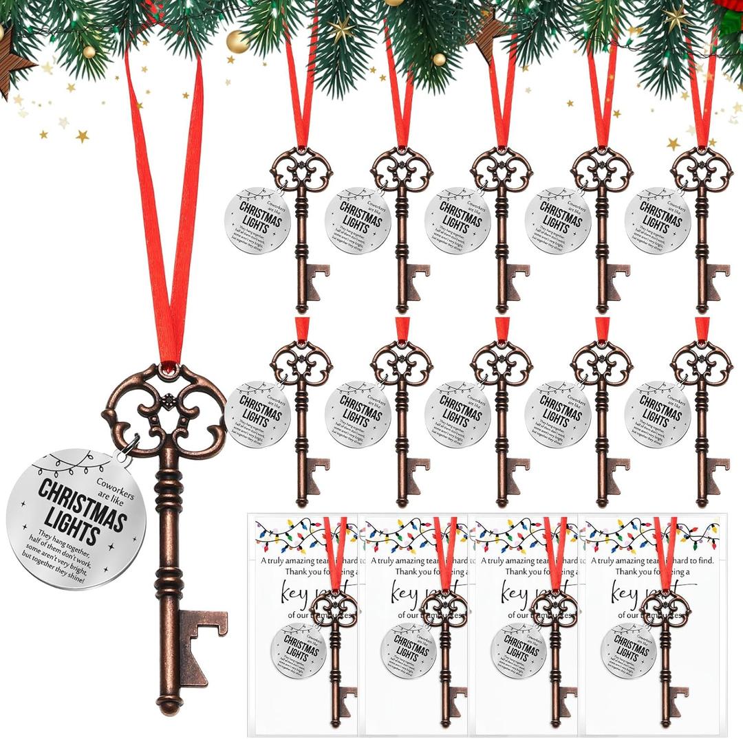 Landical 12 Sets Christmas Coworker Gift Xmas Tree Ornament Key Bottle Opener Coworkers Are Like Xmas Light Employee Appreciation Gift Thank You Card for Staff Office Team Colleague Holiday Decoration