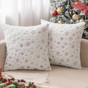 MIULEE Set of 2 Christmas Decorative Throw Pillow Covers Soft Faux Fur Winter Pillow Covers with Silver Snowflake Glitter Holiday Festival Pillowcases for Couch Sofa Bed, 2020inch, Ivory