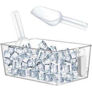 Havawish Ice Bin and Flexible Scoop Set Plastic Freezer Ice Bin with Pull out Handle Storage Bucket Clear for Container with Bucket Scoop (Gray, Clear,10.83 x 7 x 4.33 in,Standard No Lid)