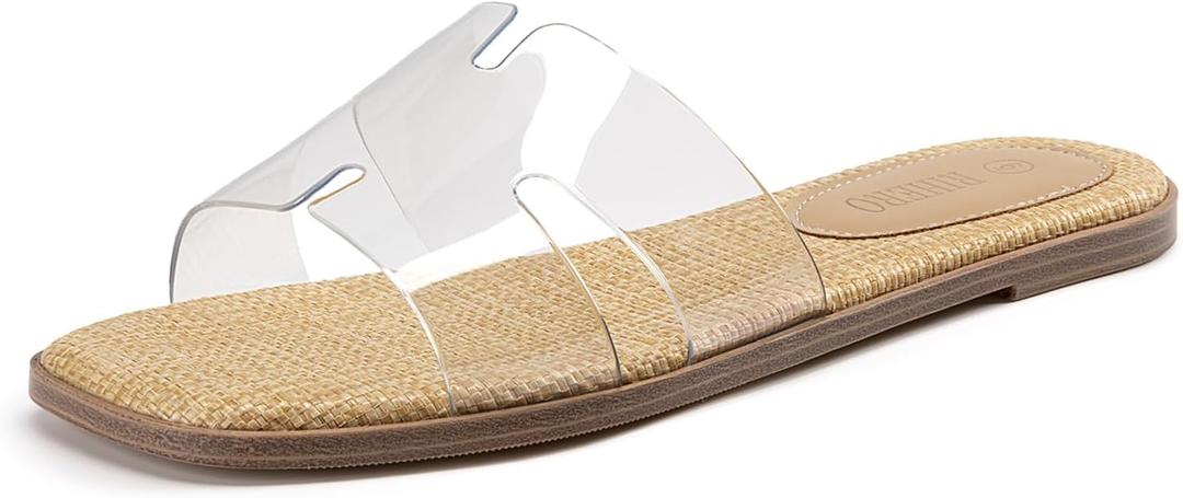 Rihero Women's Dressy Flat Sandals Comfortable Slip On Leather Slide Sandals (Beige) Size 9 