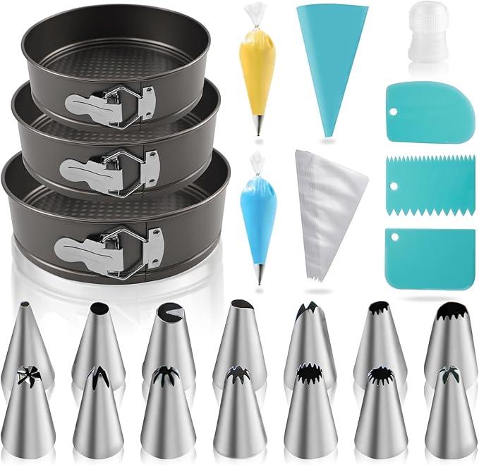 Yumatouch 122PCs Cake Pan Sets for Baking, 7/8/9 Inch Round Cake Pans, Nonstick Springform Cake Pans, Cheesecake Baking Pans with 100 Pcs Piping Bags, 16 Pcs Nozzles, 3 Pcs Scrappers