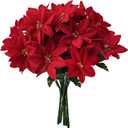 LVLFOR 7 Heads Artificial Poinsettia Bouquet, 5 Pack Artificial Poinsettia Flowers, 15Inch Red Velvet Poinsettia Bush Stems for Porch Home Garden Indoor Outdoor Xmas Decorations