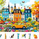 Colorful City Street Jigsaw Puzzles for Adults 500 Pieces Spring Vintage Car and Flower Garden Scene Puzzle Family Challenging Funny Puzzle Perfect for Game Nights(21"x15")