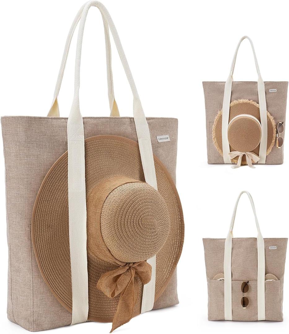 Large Beach Tote Bag with Zipper-Travel Tote Bag for Women with Sun Hat Holder Strap Boho Summer Beach Tote (Beige)