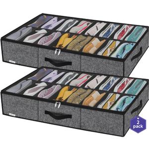Onlyeasy Sturdy Under Bed Shoe Storage Organizer with Handles and Clear Window Fit 16 to 32 Pairs, Premium Foldable Shoes Container Box for Closet, 37.7x 23.6x 5.9 inch, Cotton-like Black, MXBUBS16P2