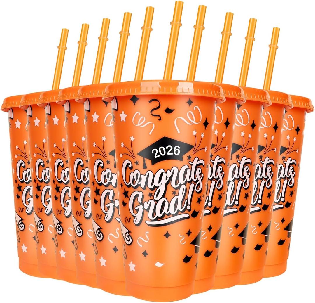 12 Pieces 2026 Graduation Plastic Cups with Lids and Straws 24 Oz Reusable Graduation Plastic Drinking Cup Class of 2026 Graduation Party Supplies for Graduation Hot Cold Drink Decorations (Orange)