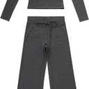 OMKAGI Womens Lounge Set Lace Square Neck Long Sleeve Tops Wide Leg Pants 2 Piece Outfits (X-Small, Dark Grey)