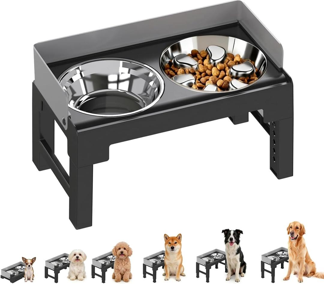 PAKEWAY Elevated Dog Bowls, Spill Proof, Tiltable Pet Feeder with 1 Stainless Steel Bowl &1 Stainless Steel Slow Feeder Bowl, 6 Height Adjustable Raised Dog Bowls Stand for Medium Large Dogs (Grey)