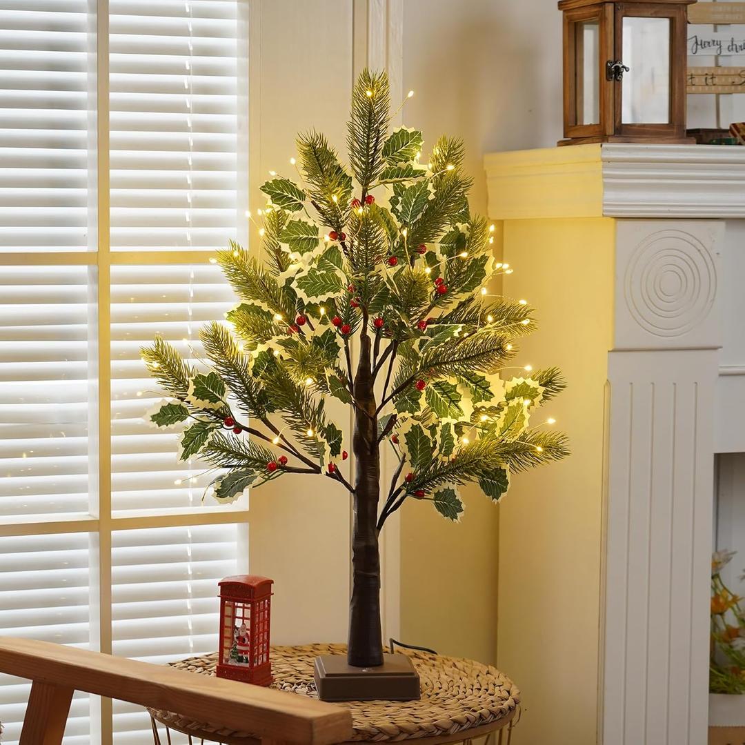 2 FT Christmas Tree with 72 LED Lights, Christmas Decorations Indoor, Fairy Light Spirit Tree for Home Decor, Lighted Birch Trees with Pine Needles, USB and 3AA Battery and TimerWarm White