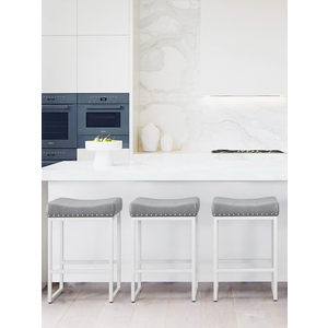 LUE BONA Counter Height Bar Stools, 24" Square Saddle Barstools Set of 3, Modern Backless Faux Leather Counter Stool with White Metal Legs for Kitchen Island Counter, Home Bar, Bistro, Light Gray