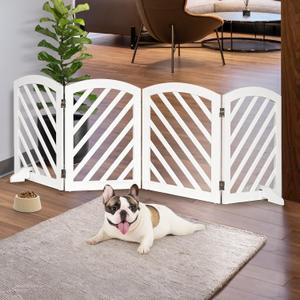 dCee Solid Acacia Wood Dog Gate, Freestanding Dog Gates Indoor Extra Wide 81 in, Foldable Pet Gate with 4 Panels & 2 Support Legs for Doorway, Kitchen, Hall, Stairs White