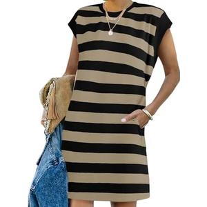 Naggoo Womens Summer Striped T Shirt Dress Crew Neck Cap Sleeve Color Block Casual A Line Short Dresses with Pockets. S